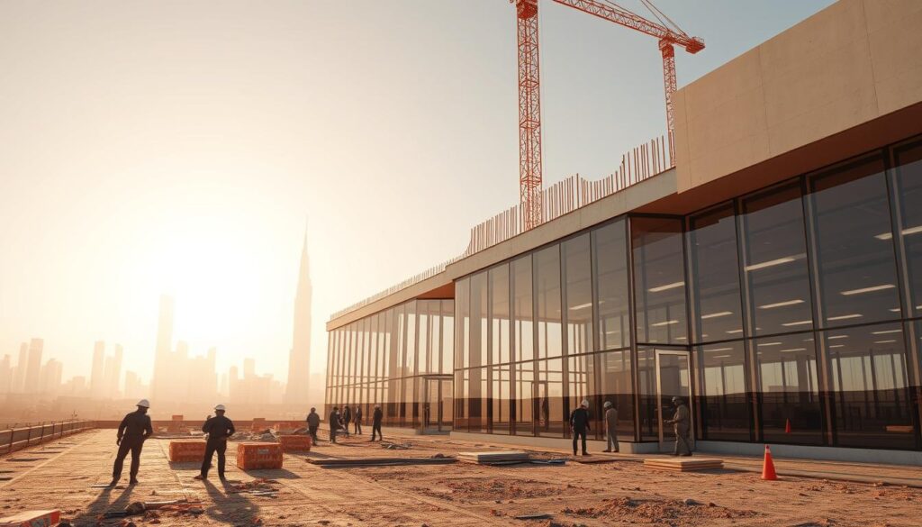 An expansive futuristic scene depicting the construction of modern annexes and glass rooms in Dhahran, Saudi Arabia in the year 2026. The foreground showcases workers skillfully installing insulated sandwich panels, the middle ground features the sleek glass and steel structures taking shape, and the background contains a towering city skyline bathed in a warm, golden light. The scene conveys a sense of progress, innovation, and high-quality engineering, reflecting the advanced building techniques and materials used. The lighting is natural and directional, casting dramatic shadows that accentuate the architectural details. The overall atmosphere is one of dynamic productivity and a vision for the future of Saudi construction.