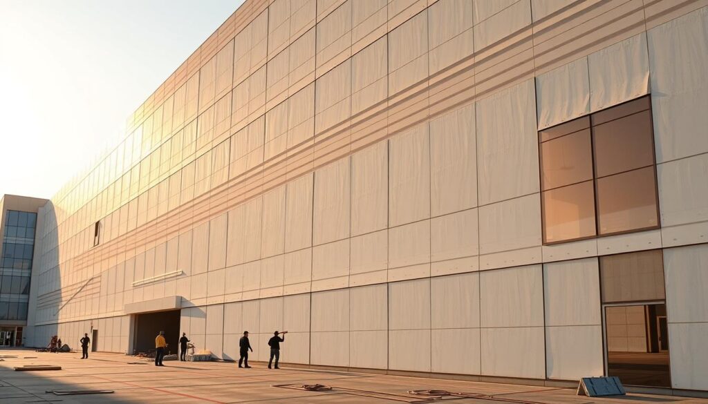 An expansive, modern building facade in Saudi Arabia, adorned with meticulously installed insulated sandwich panels. The panels' clean, uniform lines create a sleek, minimalist aesthetic, complemented by the crisp, warm lighting that casts dramatic shadows across the structure. In the foreground, construction workers skillfully assemble the panels, their movements choreographed with precision. The middle ground showcases the panel's sophisticated layered design, ensuring optimal insulation and energy efficiency. In the background, a glass-walled annex reflects the sun's rays, casting a warm, inviting glow across the entire scene. The overall atmosphere conveys a sense of progress, professionalism, and architectural excellence.