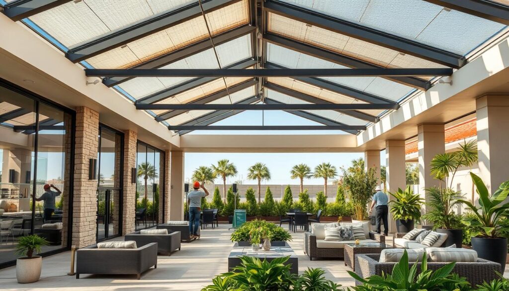 An expansive outdoor living space with a sleek, contemporary design. Intricately crafted glass walls and a meticulously engineered roof system allow natural light to flood the area, creating a seamless transition between indoor and outdoor living. Decorative stone cladding and carefully placed lighting fixtures lend an air of sophistication, while plush seating arrangements and lush greenery foster a serene, relaxing ambiance. Workers in the background carefully install insulated sandwich panels, ensuring optimal temperature regulation and energy efficiency. The overall scene exudes a harmonious balance of form and function, showcasing the modern architectural mastery that defines the region's renowned outdoor lounges.