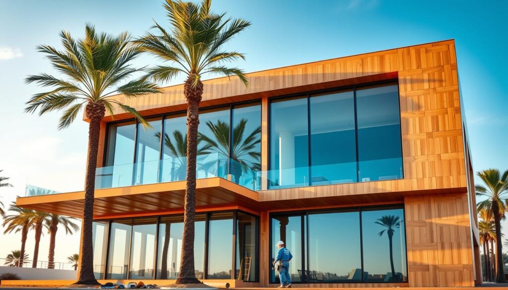 An expansive, two-story building with glass walls and a sleek, modern design stands prominently against a backdrop of palm trees and a cloudless, azure sky. The structure features a blend of warm-toned wood panels and gleaming, insulated sandwich panels that reflect the sunlight, casting a soft, ambient glow. Skilled workers are meticulously installing the insulated panels, ensuring a seamless integration of form and function. The overall atmosphere conveys a sense of elegance and sophistication, perfectly complementing the article's focus on modern annexes and glass rooms that cater to the discerning homeowners of Dammam.
