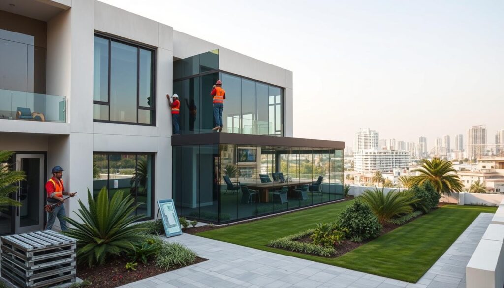 An exterior view of a modern residential building in Dammam, Saudi Arabia. In the foreground, workers are installing insulated sandwich panels to construct a spacious glass-walled annex, blending seamlessly with the main structure. The annex features sleek, minimalist design and ample windows to maximize natural light. The middle ground showcases a well-manicured garden, with lush greenery and a paved walkway leading to the entrance. The background depicts the vibrant cityscape of Dammam, with a mix of contemporary and traditional architectural styles. The overall scene exudes a sense of sophistication, comfort, and harmonious integration between indoor and outdoor living spaces.