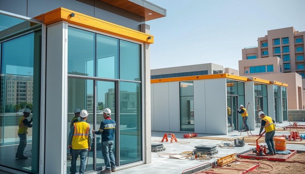 An image of contemporary sandwich panel annexes in Saudi Arabia, featuring skilled workers meticulously installing insulated composite panels to construct sleek, energy-efficient glass-walled extensions. The foreground showcases the precise placement of the interlocking panels, their uniform lines and seamless joints reflecting the high standards of modern engineering. In the middle ground, workers utilize specialized tools and techniques, their movements choreographed to maximize efficiency. The background depicts the overall architectural design, with the annexes harmoniously blending modern aesthetics and pragmatic functionality against the backdrop of the local urban landscape.