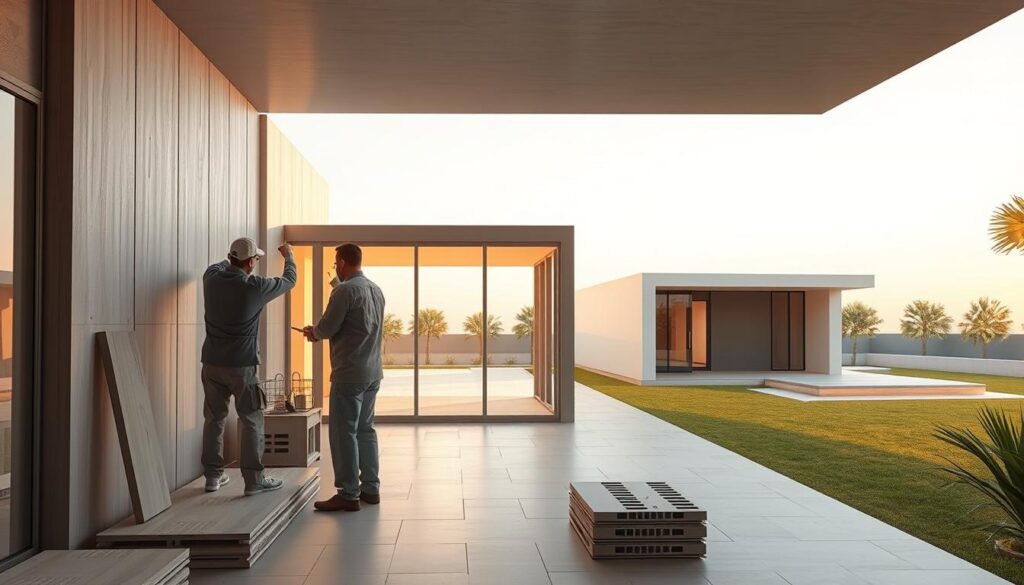 An interior architectural rendering showcasing high-quality outdoor living spaces by Riyada Al Sharqiya. In the foreground, skilled technicians carefully install insulated sandwich panels, ensuring meticulous craftsmanship and superior thermal performance. The middle ground features a minimalist, contemporary glass room design, bathed in warm, natural light that filters through the large windows. In the background, a modern annex structure stands proud, its clean lines and seamless integration with the surrounding landscape demonstrating Riyada Al Sharqiya's commitment to quality and design excellence. The overall scene conveys a sense of serene elegance, highlighting the brand's adherence to the highest standards in outdoor living solutions.