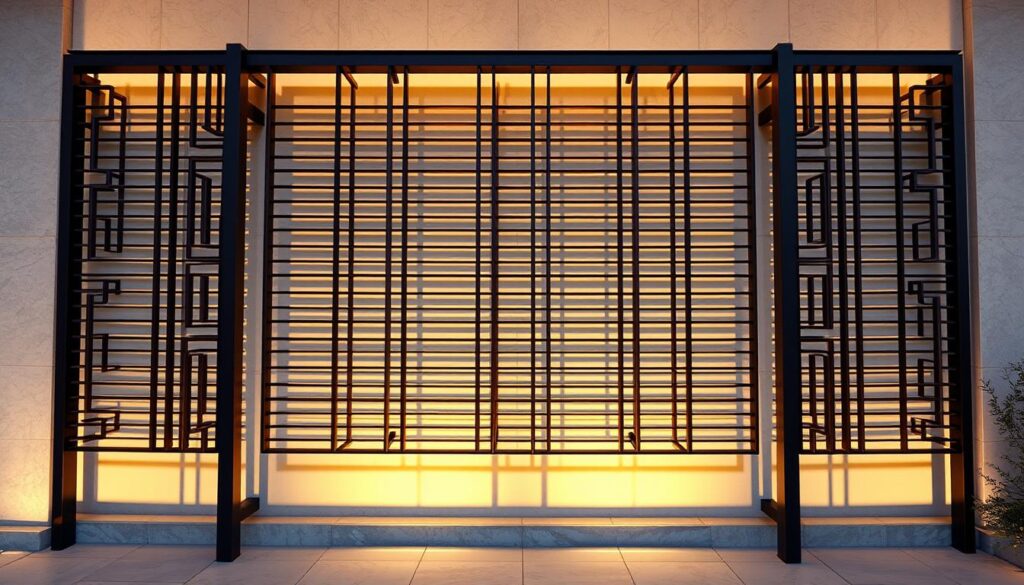 An intricate metal framework adorns a stately privacy screen, crafted with precision and elegance. Sturdy vertical supports rise from a solid concrete foundation, while delicate horizontal slats intertwine to create a captivating geometric pattern. Warm lighting casts a soft glow, accentuating the sleek, modern aesthetic. The screen stands tall, a striking balance of strength and beauty, seamlessly blending function and form to provide a secure and visually appealing barrier. Subtle shadows dance across the surface, adding depth and dimension to the captivating installation. This is the epitome of expertly engineered "تركيب سواتر", a testament to the harmonious fusion of practical necessity and aesthetic excellence.