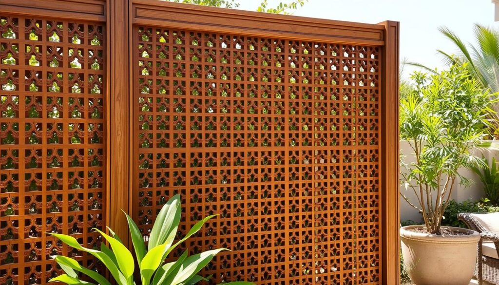 An ornate wooden privacy screen stands tall, its intricate lattice patterns casting delicate shadows across a sun-dappled garden. The natural grain of the timber gleams, hinting at the quality craftsmanship that has gone into its construction. Elegant curves and clean lines come together to create a sense of refined sophistication, perfectly complementing the lush greenery that surrounds it. This bespoke screen offers both practical protection and an artful architectural flourish, seamlessly blending form and function to elevate the outdoor living space. The warm tones of the wood harmonize with the earthy palette, evoking a feeling of timeless elegance that would be at home in any upscale Dammam villa.