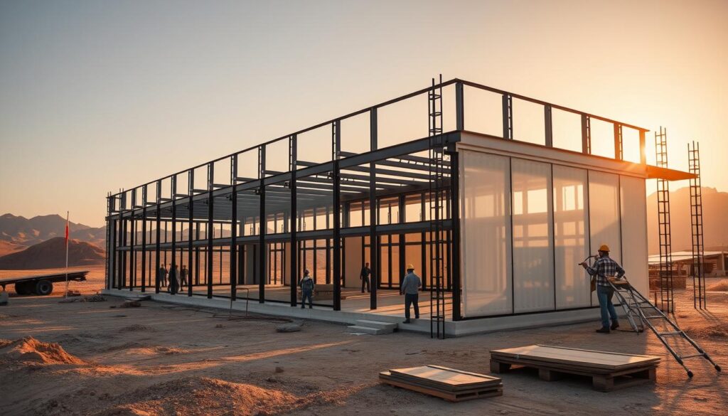 Architectural oversight: A modern glass and steel annex takes shape, with skilled workers meticulously installing insulated sandwich panels against the backdrop of the Saudi landscape. Crisp shadows from the warm sun cast a contemplative mood as the building's framework emerges, a testament to precision engineering and attention to detail. Muted hues of stone and steel harmonize, creating a striking visual balance that hints at the structure's sophisticated design. This image captures the essence of the engineering supervision process, highlighting the disciplined coordination and technical expertise required to bring this ambitious project to life.