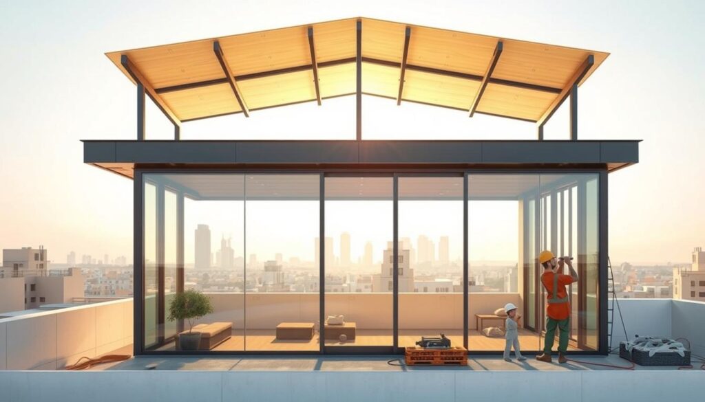 Architectural rendering of a modern glass-enclosed rooftop annex with seamless overhead panels, bathed in warm sunlight. Sleek steel frame, clean lines, and high-performance insulation create an energy-efficient, column-free design. Construction workers meticulously installing the lightweight, prefabricated facade components against a backdrop of the Dammam skyline. Capturing the innovative building techniques and cost-effective materials transforming the regional rooftop extension market in 2026.
