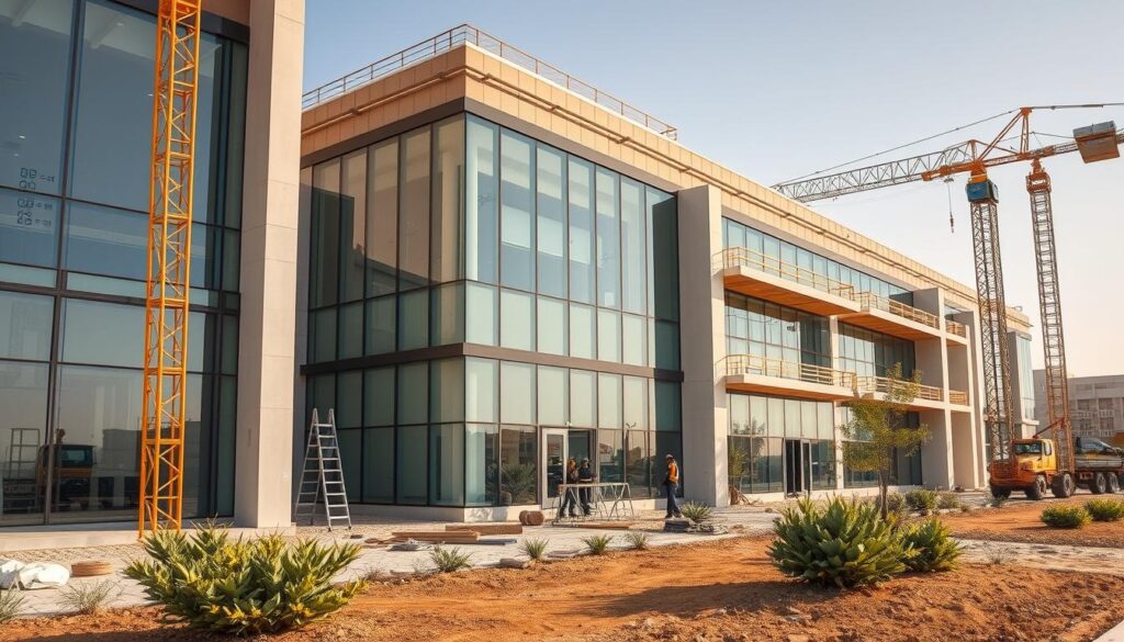Building a modern commercial complex with glass-enclosed rooms and insulated sandwich panel walls in Qatif, Saudi Arabia. Capture the workers installing the panels and the overall architectural design, showcasing the company's expertise in constructing high-quality, energy-efficient buildings. Frame the scene with a wide-angle lens to include the façade, landscaping, and surrounding environment, creating a sense of scale and integration with the local context. Utilize warm, natural lighting to highlight the sleek, contemporary style and attention to detail in the construction process.