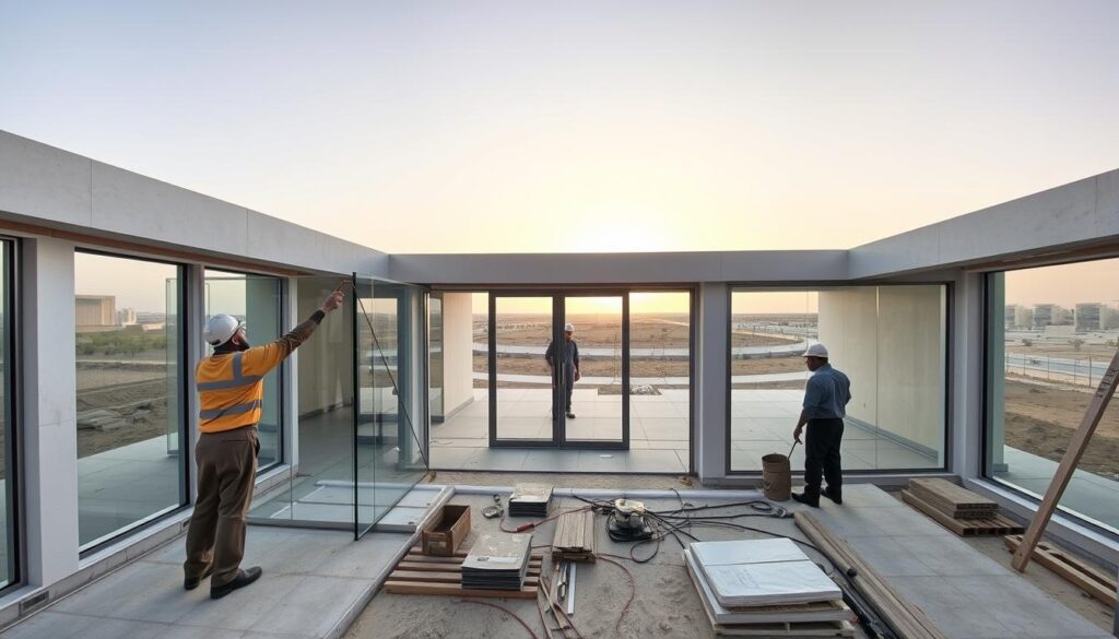 Building modern glass-enclosed annexes and sunrooms with skilled workers installing high-quality insulated sandwich panels in Qatif, Saudi Arabia. A panoramic view of the construction site showcases the sleek, minimalist design, with natural lighting filtering through the large glass panels. The scene captures the precision and expertise involved in crafting these elegant architectural elements, reflecting the latest trends in contemporary Saudi home design.