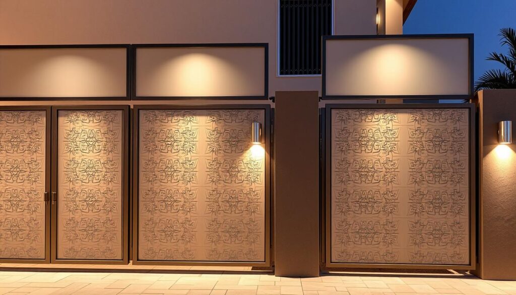 Contemporary privacy fences and wall screens for homes and villas in Dammam, showcasing a harmonious blend of durability and exquisite design. Sleek metal frames in muted tones support translucent panels that filter natural light, creating a sense of openness while preserving seclusion. The modular design allows for versatile configurations, seamlessly integrating with the architectural landscape. Strategically placed lighting fixtures cast a warm, inviting glow, highlighting the elegant silhouettes and intricate textures of the modern screens. The overall composition radiates a sophisticated, yet functional ambiance, perfectly capturing the essence of privacy and style in the year 2026.