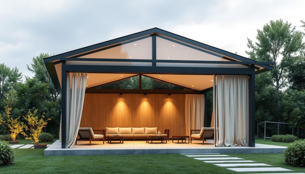 Detailed architectural blueprint of an elegant outdoor lounge pavilion, with sleek modern design and high-quality materials. The structure features a glass and steel frame, seamlessly integrated with insulated sandwich panels to create a warm, inviting ambiance. Skilled technicians meticulously install the panels, crafting a spacious, well-ventilated sanctuary that brings the outdoors in. Indirect lighting casts a soft, ambient glow, while the minimalist aesthetic exudes a sense of tranquility. The pavilion is situated within a lush, verdant landscape, creating a harmonious fusion of nature and contemporary architecture.