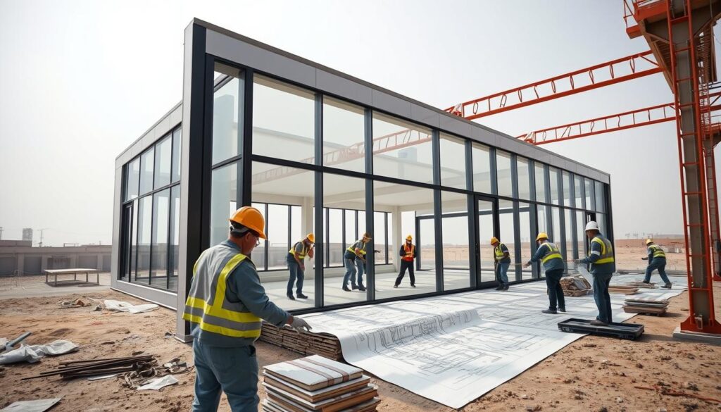 Detailed architectural blueprints of a modern glass and steel extension project in Al-Ahsa and Al-Khobar, Saudi Arabia. Construction workers carefully assembling insulated sandwich panels, erecting a sleek, minimalist structure with floor-to-ceiling windows that maximize natural light. Precise, methodical execution of the engineered design, meticulously planned and executed on-site. A serene, professional atmosphere as the project takes shape, capturing the disciplined, technical nature of this construction phase.