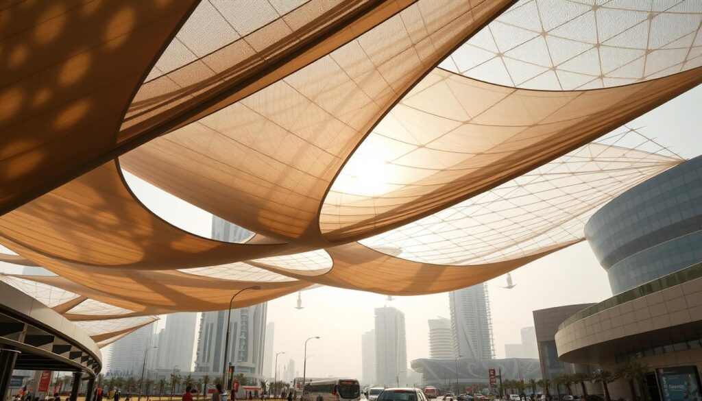 Detailed architectural canopies casting dramatic shadows over a bustling Saudi Arabian cityscape. Tensile structures of gleaming steel and reinforced fabric, suspended high above the streets, providing dynamic shade and shelter. Sunlight filters through the intricate lattice, casting a warm, diffused glow across the scene. Towering buildings recede into the background, their facades seamlessly integrated with the sculptural canopies above. Pedestrians and vehicles navigate the urban landscape, their movements echoing the fluid, organic forms of the shading systems. A harmonious blend of engineered elegance and practical functionality, showcasing the region's innovative architectural prowess.