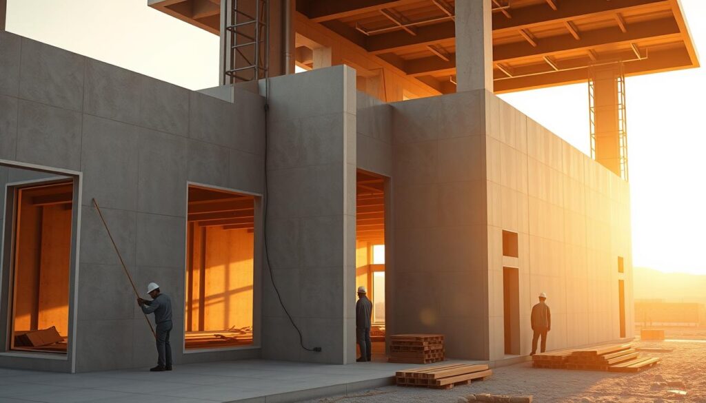 Detailed architectural rendering of a modern building construction site in Saudi Arabia, showcasing the installation of high-quality insulated sandwich panels. The scene depicts skilled workers meticulously assembling the panels to form sleek, energy-efficient walls and roofs. Warm sunlight filters through the partially completed structure, casting long shadows and highlighting the precision of the work. The overall atmosphere conveys a sense of progress, innovation, and commitment to sustainable building practices in the region for the year 2026.