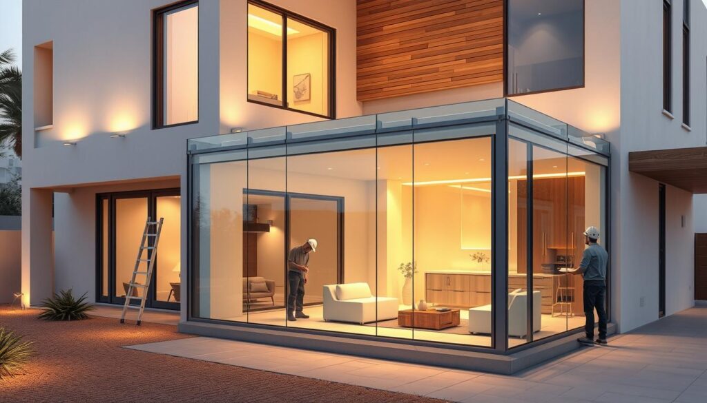 Detailed architectural rendering of a modern building exterior featuring a glass-enclosed outdoor lounge area. Sleek, minimalist design with clean lines, large windows, and an elegant palette of natural materials like wood and stone. Warm ambient lighting illuminates the space, casting a cozy glow. Workers can be seen carefully installing insulated sandwich panels to create the glass walls and roof. The scene conveys a sense of luxury, comfort, and seamless indoor-outdoor living in an upscale Saudi neighborhood.