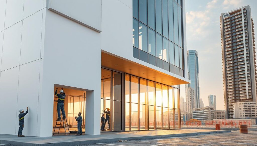 Detailed architectural rendering of a modern commercial building facade in Dammam, Saudi Arabia. The foreground features workers carefully installing pristine white insulated sandwich panels and durable cement boards onto the building's frame. The middle ground showcases the sleek, minimalist design aesthetic, with clean lines and large glass windows allowing ample natural light to flood the interior. In the background, a vibrant urban cityscape provides a striking contrast, hinting at the building's integration within the Dammam landscape. The scene is bathed in warm, golden afternoon light, creating a sense of warmth and modernity. Cinematic camera angle and high-resolution, photorealistic quality.