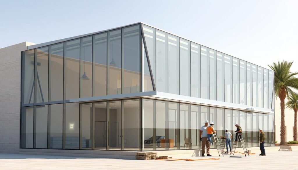 Detailed architectural rendering of a modern glass and steel annex addition with workers installing high-quality insulated sandwich panels in a warm, sunny Saudi Arabian setting. The annex features sleek, angular lines, floor-to-ceiling windows, and a seamless integration with the existing structure. Crisp, even lighting illuminates the precision craftsmanship of the sandwich panel installation, showcasing their superior thermal and structural properties. The scene conveys a sense of progress, innovation, and excellence in construction techniques.