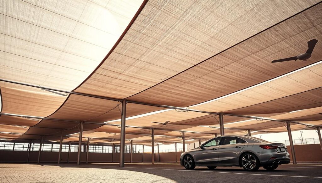 Detailed construction of a modern car parking shade structure in the Ahsa, Saudi Arabia. A large, grey tensile membrane covers the parking area, supported by a sleek metal frame. The shade casts realistic shadows, creating a sense of depth. Illumination comes from warm, golden overhead lighting, adding to the inviting atmosphere. In the foreground, a parked car casts its own shadow, integrating seamlessly with the scene. The overall composition highlights the technical precision and aesthetic appeal of the shade installation project.