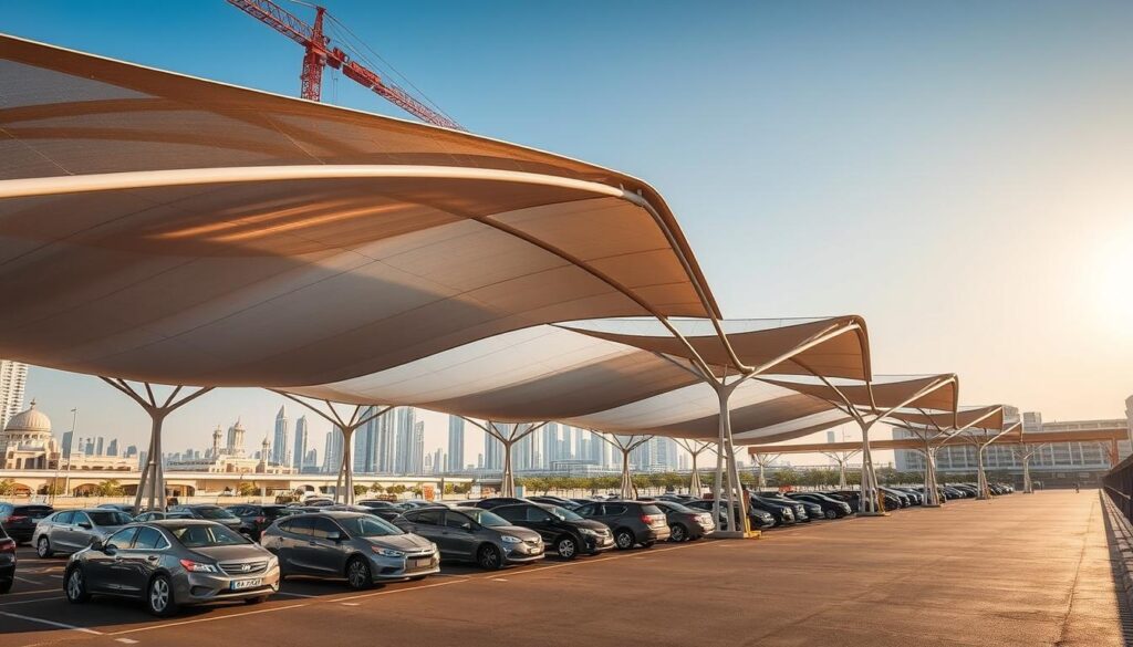 Detailed construction of a tensile shade structure in Dammam, Saudi Arabia. A large car parking area with multiple vehicles is visible in the foreground. The shade structure features a modern, sleek design with curved metal frames and a tensile fabric canopy. The lighting is natural, with warm sunlight casting realistic shadows across the scene. The background showcases the urban landscape of Dammam, with modern high-rise buildings and infrastructure visible. The overall atmosphere conveys a sense of progress and advanced engineering, reflecting the future-focused theme of the article.