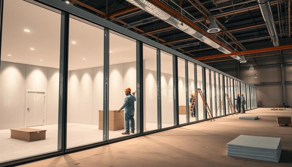 Detailed engineering oversight and quality assurance for the construction of modern commercial annexes. Sleek glass rooms with workers carefully installing insulated sandwich panels, ensuring structural integrity and thermal efficiency to create high-quality investment projects in Dammam, Saudi Arabia. Precise on-site supervision, meticulous planning, and rigorous testing to uphold the highest standards. Warm ambient lighting illuminates the disciplined workflow, capturing the professional expertise behind the engineering guarantees.