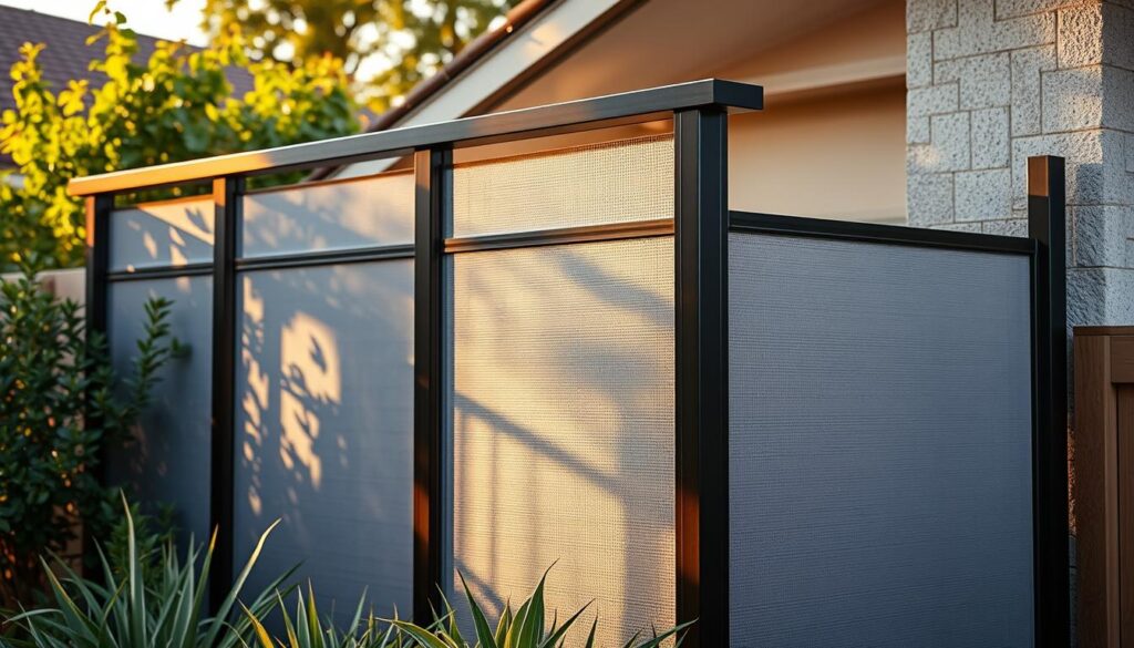 Detailed installation of a modern and elegant privacy screen for residential and agricultural properties. A sleek metal frame with precisely fitted panels creating a seamless, durable barrier. Warm lighting accentuates the robust construction and subtle textural elements. The scene showcases the screen's practical application, blending harmoniously with the surrounding architecture and lush greenery. Precise camera angles highlight the screen's clean lines and thoughtful design, conveying a sense of security and aesthetic refinement.