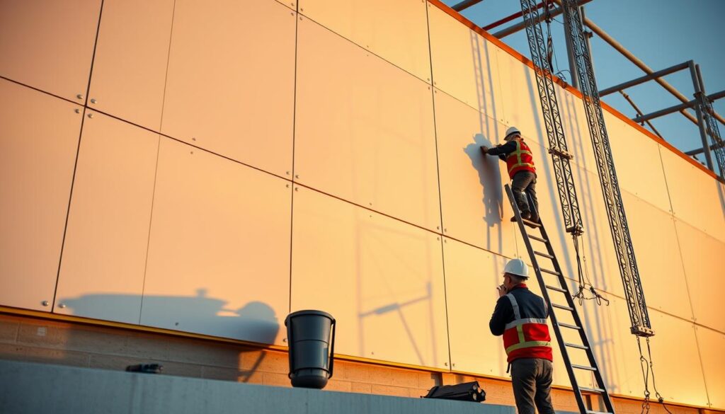 Detailed, step-by-step construction of a sleek, insulated sandwich panel system for a high-end project in Dhahran, Saudi Arabia. Skilled workers meticulously assemble the panels, creating a sturdy, seamless exterior with precise, even gaps. Warm, diffused lighting illuminates the process, casting gentle shadows that accentuate the clean lines and modern aesthetic. The camera captures the installation from a low, angled perspective to emphasize the scale and technical precision of the work. An atmosphere of professionalism and expertise permeates the scene, reflecting the quality and care taken to execute this vital component of the luxurious, durable design.