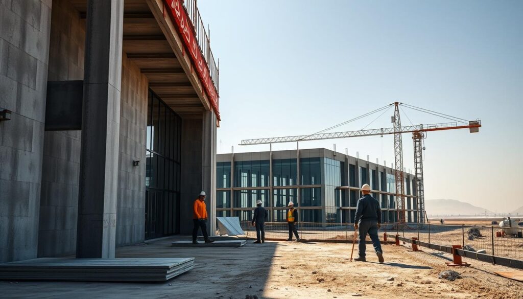 Detailed, striking image of an industrial construction site featuring the installation of insulated sandwich panels and cement boards. Prominently showcased in the foreground, workers meticulously assemble the lightweight, durable panels, their movements captured in a dynamic, photojournalistic style. The middle ground reveals the partially constructed building, its modern, glass-encased design conveying a sense of elegance and innovation. In the background, a hazy horizon hints at the broader Saudi Arabian landscape, setting the scene for this contemporary architectural development. Crisp, even lighting illuminates the scene, casting long shadows and accentuating the textures of the building materials. An overall atmosphere of precision, progress, and high-quality craftsmanship permeates the image.