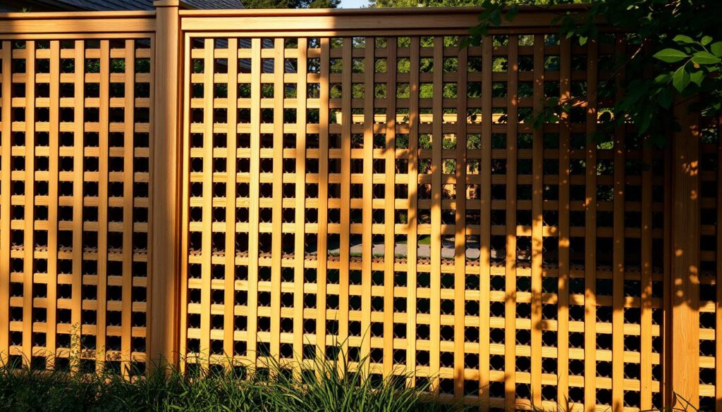 Detailed wooden privacy screens erected with precision, casting warm shadows across a well-manicured garden. Elegant lattice patterns intertwine, creating a natural barrier that blends seamlessly with the surrounding foliage. Soft, diffused lighting filters through the intricate woodwork, imbuing the scene with a sense of tranquility and exclusivity. The sturdy, custom-built structure stands tall, exuding a timeless quality that perfectly complements the refined architectural style of the home. This image captures the essence of thoughtful, high-quality fence installation that enhances both the functionality and aesthetics of the residential space.