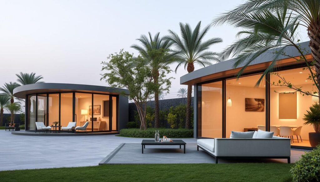 Elegant exterior lounges with expansive glass facades, nestled amidst the verdant landscapes of Khobar, Saudi Arabia. Sleek, minimalist structures with clean lines and ample natural light, seamlessly blending indoor and outdoor living. Refined, contemporary design featuring insulated sandwich panels, creating comfortable, temperature-controlled environments. Meticulously crafted with attention to detail, these annexes and glass rooms embody the essence of modern, sophisticated outdoor living.