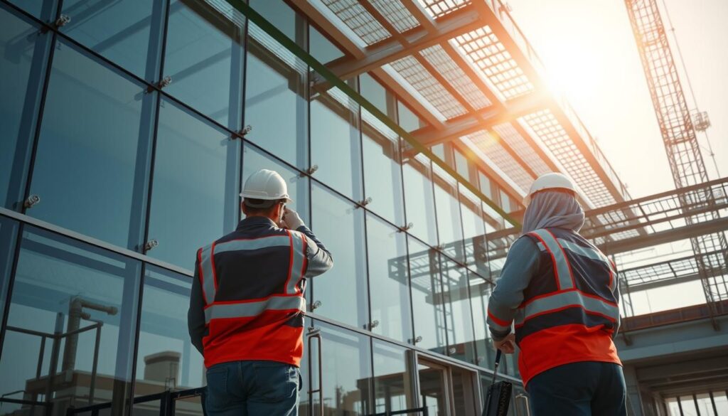 Elegant glass and steel construction under the warm Saudi sun. Skilled engineers oversee the installation of insulated panels, ensuring structural integrity and seamless integration. Precise attention to detail, from the clean lines of the facade to the perfectly aligned fenestration. The scene radiates a sense of quality craftsmanship and enduring durability, embodying the hallmarks of superior engineering supervision and warranty coverage. Refined lighting accentuates the sleek, contemporary design, inviting a soothing atmosphere of modern sophistication.