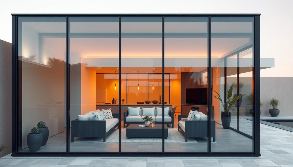 Elegant glass-enclosed outdoor living space, featuring sleek, minimalist design with floor-to-ceiling glass walls. Warm, natural lighting filters through the transparent enclosure, creating a seamless transition between indoor and outdoor environments. Precisely engineered insulated sandwich panels provide excellent thermal and sound insulation, ensuring a comfortable and energy-efficient atmosphere. A captivating architectural statement, this glass annex showcases the pinnacle of modern, high-end construction techniques tailored for the Saudi climate. Carefully crafted to elevate the user's experience, this visually stunning space invites tranquil relaxation and effortless entertaining.