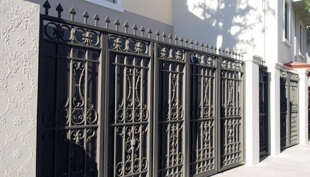 Elegant iron privacy fences standing tall, their intricate metalwork casting captivating shadows. Sleek panels in muted tones blend seamlessly with the surrounding architecture, offering a balance of strength and style. A series of angled screens and lattice-patterned barriers create a subtle yet effective barrier, filtering light and affording residents a sense of seclusion. The overall composition evokes a harmonious blend of function and aesthetic appeal, perfect for enhancing the beauty and security of residential spaces.