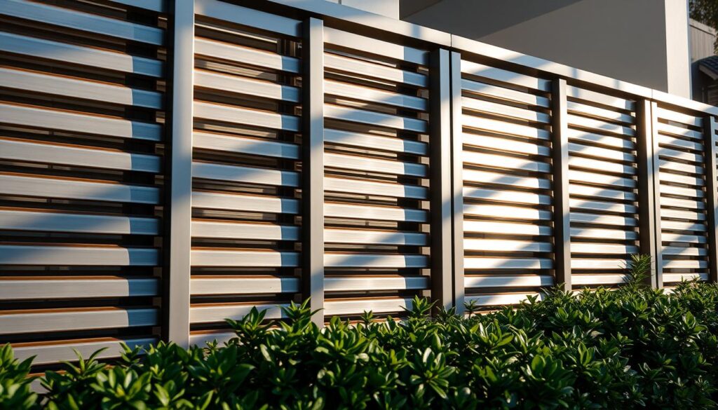 Elegant metallic slatted fences, meticulously crafted to provide privacy and security for upscale homes and villas. The fences are a mix of straight and curved elements, casting dynamic shadows that create a visually striking pattern. The metal has a sleek, polished finish that reflects the surrounding natural light, imbuing the scene with a sense of quality and luxury. In the foreground, the fences are framed by lush, verdant foliage, adding depth and a natural touch to the composition. The overall impression is one of modern sophistication and unwavering protection, perfectly embodying the principles of quality and exceptional after-sales service.