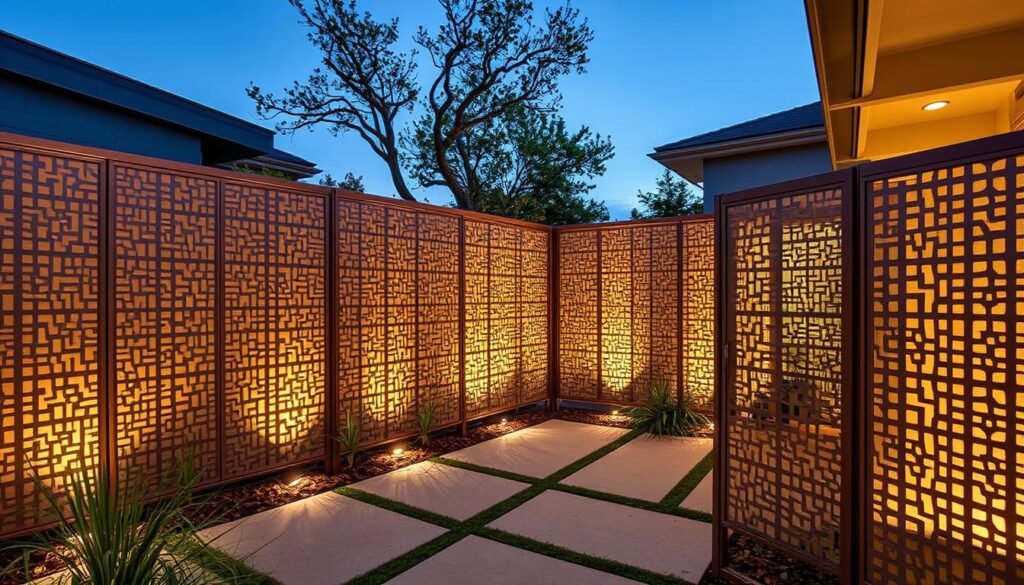 Elegant modern privacy fences made of precision-cut laser-etched metal panels, casting intricate geometric patterns that filter sunlight and add visual depth. The minimalist metal screens gracefully enclose a tranquil residential courtyard, providing a sense of seclusion and security while maintaining an open, airy atmosphere. Warm, diffused lighting from hidden fixtures gently illuminates the space, creating a serene and inviting ambiance. The clean, linear design and meticulous craftsmanship evoke a timeless, high-end aesthetic that seamlessly blends function and form.