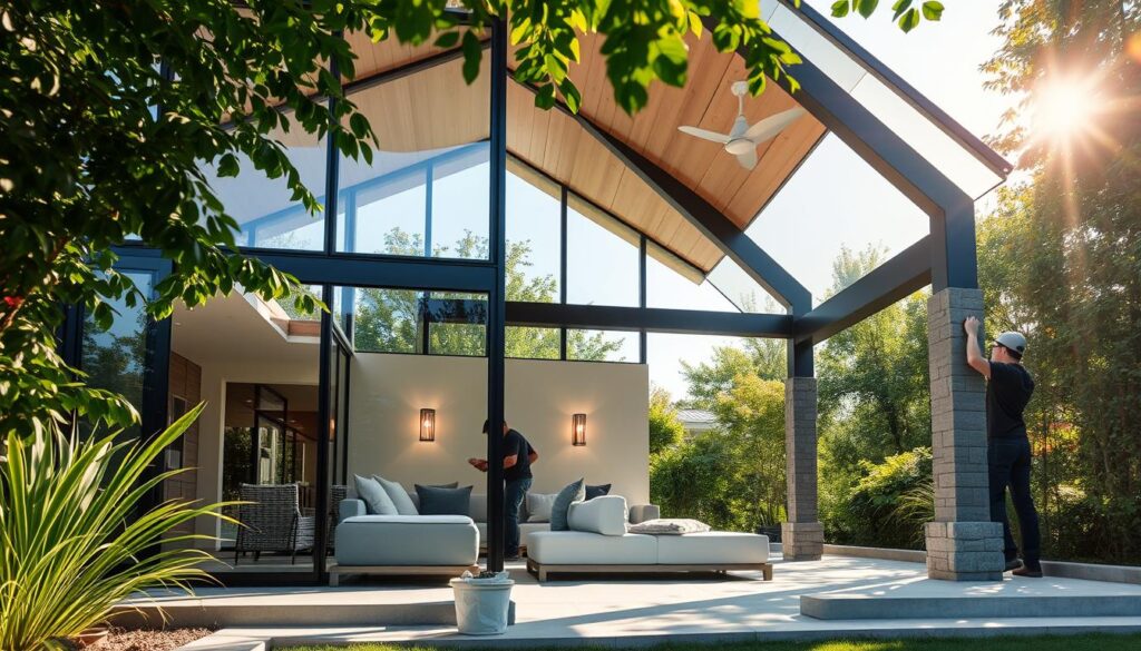 Elegant outdoor living pavilion nestled in lush greenery, with a seamless blend of modern glass walls and natural stone accents. Sunlight filters through the spacious structure, casting a warm, inviting glow. Sleek, minimalist furniture invites relaxation, while carefully placed lighting fixtures create a cozy ambiance. The pavilion's clean lines and contemporary design harmonize perfectly with the surrounding landscape, offering a sanctuary for enjoying the tranquility of the outdoors. Workers skillfully install insulated sandwich panels, ensuring energy efficiency and a comfortable environment.