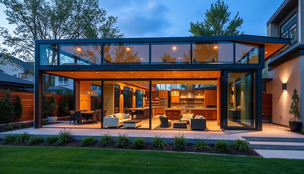 Expansive outdoor living pavilion with sleek glass and steel structure, featuring large windows and sliding doors that seamlessly integrate the interior and exterior spaces. Warm wood accents complement the modern aesthetic, while strategic lighting illuminates the cozy lounging areas. Manicured landscaping and lush greenery surround the annex, creating a serene oasis amidst the urban landscape. Skilled technicians carefully install high-performance insulated panels, ensuring optimal temperature control and energy efficiency. The overall design effortlessly blends functionality, comfort and architectural sophistication. Expansive outdoor living pavilion with sleek glass and steel structure, featuring large windows and sliding doors that seamlessly integrate the interior and exterior spaces. Warm wood accents complement the modern aesthetic, while strategic lighting illuminates the cozy lounging areas. Manicured landscaping and lush greenery surround the annex, creating a serene oasis amidst the urban landscape. Skilled technicians carefully install high-performance insulated panels, ensuring optimal temperature control and energy efficiency. The overall design effortlessly blends functionality, comfort and architectural sophistication.