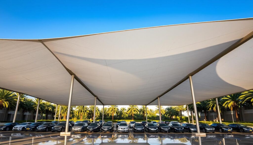 Expansive school shade structures in Dammam, Saudi Arabia. A pristine white tensile canopy system stretches across the foreground, casting intricate geometric shadows on the ground below. Sturdy steel support columns anchor the fabric, creating a modern, minimalist aesthetic. In the middle ground, rows of cars are parked, their reflections mirrored in the polished concrete. The background features lush greenery and a clear blue sky, illuminated by warm, natural lighting that casts deep, dramatic shadows. The overall scene conveys a sense of functional sophistication, highlighting the engineering prowess of the Riyada Al-Sharqiya company.