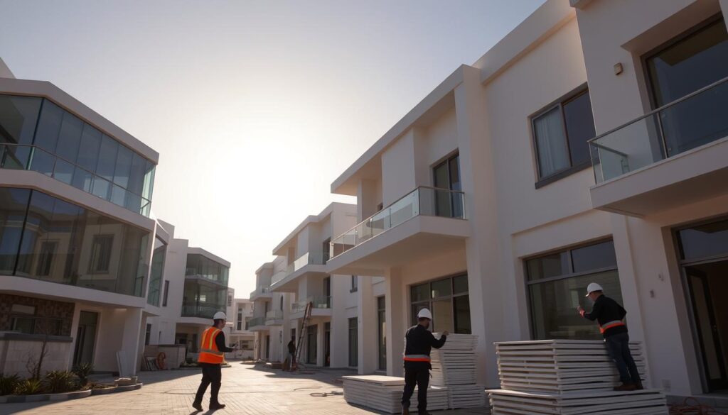 Exterior view of a residential complex in Alkhobar, Saudi Arabia, showcasing an array of sleek, contemporary glass annexes and insulated panel additions. The structures feature clean lines, expansive windows, and a harmonious blend of glass and white architectural elements. Sunlight streams in, casting warm, diffused lighting across the facades. In the foreground, skilled workers meticulously install insulated sandwich panels, demonstrating the precision and expertise behind these modern renovations. The overall scene conveys a sense of sophistication, innovation, and a commitment to enhancing the living spaces within the community.
