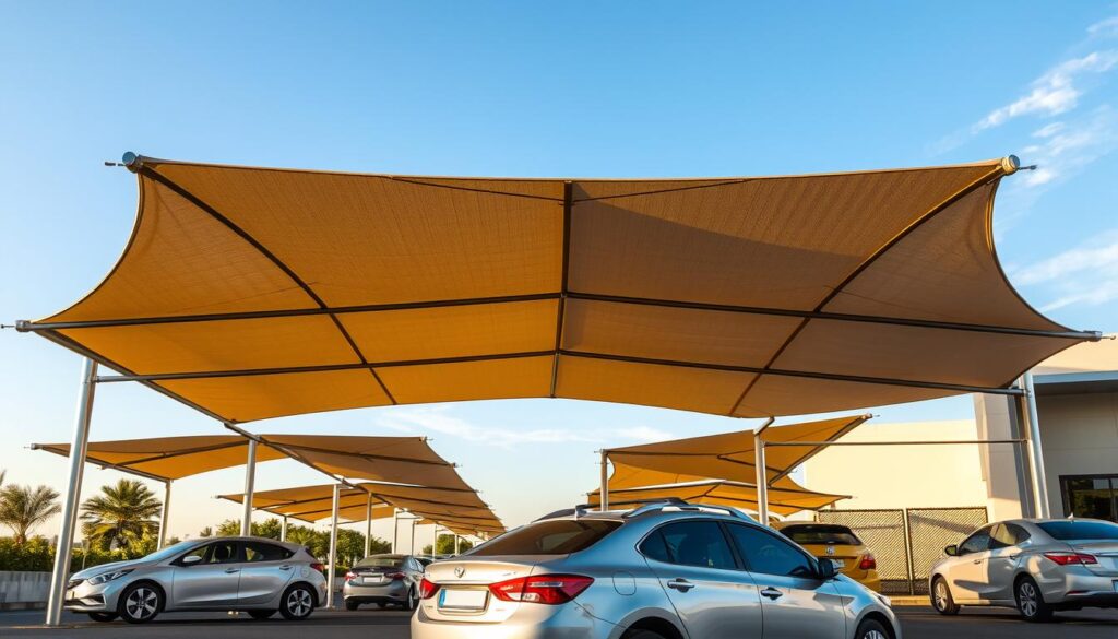 High-quality car canopy shade structure in an outdoor setting in Saudi Arabia, with realistic lighting and shadows. The structure is made of durable fabric material that is tensioned over a metal frame, providing ample shade and protection for parked vehicles. The scene depicts the canopy from multiple angles, showcasing its sleek, modern design and attention to safety and functionality. The lighting is natural, with warm tones and well-defined shadows, creating a sense of depth and realism. The background features a clear blue sky with a few wispy clouds, complementing the practical yet aesthetically pleasing nature of the car shade structure.