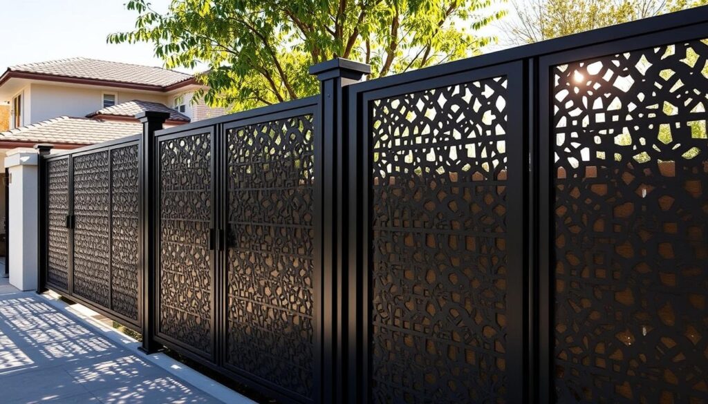 High-quality exterior shot of elegant laser-cut metal privacy screens and fences in a warm, sun-dappled suburban environment. The sleek, modern panels display intricate geometric patterns that cast dynamic shadows, creating a sense of depth and visual interest. The fences seamlessly blend form and function, offering both privacy and an aesthetic focal point. Careful attention to material, finish, and lighting evokes a sophisticated, high-end residential setting suitable for a luxury villa or upscale family home. The overall atmosphere conveys a harmonious balance of security and style.