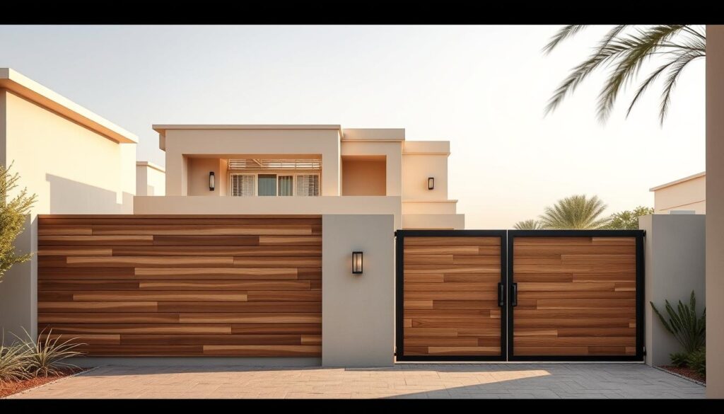 High-quality privacy fences and elegant wall screens for the entrances of homes and villas in Dammam. Minimalist yet modern architectural designs featuring clean lines, warm wood tones, and strategically placed openings to allow natural light and airflow. The structures provide a strong visual barrier while maintaining an open and inviting ambiance. Carefully crafted with premium materials to ensure durability and long-lasting performance. Captured in a wide-angle perspective to showcase the scale and integration with the surrounding landscape. Soft, diffused lighting accentuates the natural textures and casts gentle shadows, creating a serene and peaceful atmosphere.
