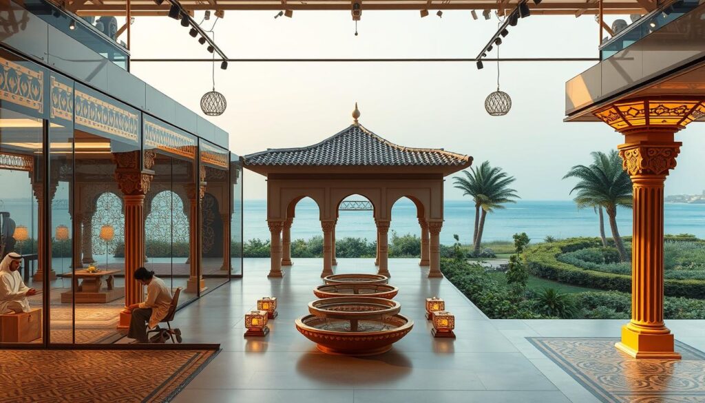 High-quality traditional Dammam heritage exhibition, showcasing a blend of timeless architectural elements and contemporary design. The central focus is a series of glass-enclosed pavilions with sleek, insulated sandwich panels, seamlessly integrating modern construction techniques. Warm, natural lighting filters through the translucent structures, creating a serene and inviting atmosphere. In the foreground, skilled artisans meticulously craft intricate decorative patterns, honoring the region's rich cultural heritage. The middle ground features a harmonious arrangement of curved archways and ornate columns, reflecting the balanced fusion of old and new. The background depicts a verdant landscape, with lush greenery and a subtle nod to the coastal setting, tying the entire scene together.