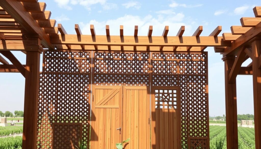 High-quality wooden privacy screens and fences in Dammam, showcasing a harmonious blend of rustic charm and modern refinement. Elegant lattice patterns cast dynamic shadows, creating a captivating play of light and shade. Sturdy wooden beams in warm, natural tones frame the scene, exuding a sense of sturdiness and timelessness. The middle ground features a selection of meticulously crafted panels, each one a testament to skilled craftsmanship. In the background, a serene landscape with lush greenery and a cloudless sky sets the stage for this enchanting architectural display. Soft, diffused lighting illuminates the scene, accentuating the natural beauty of the wood and the overall tranquil ambiance.