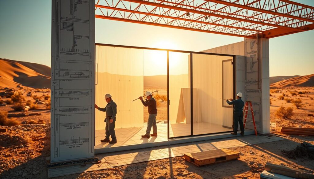 Intricate architectural blueprint of a modern annex construction site, featuring workers meticulously installing insulated sandwich panels to create an energy-efficient glass room. The scene is bathed in warm, golden sunlight, casting long shadows and highlighting the textured surfaces. Sleek, minimalist design elements blend seamlessly with the surrounding desert landscape. A sense of precision and craftsmanship pervades the frame, conveying the high-quality construction standards of the 2026 building season.
