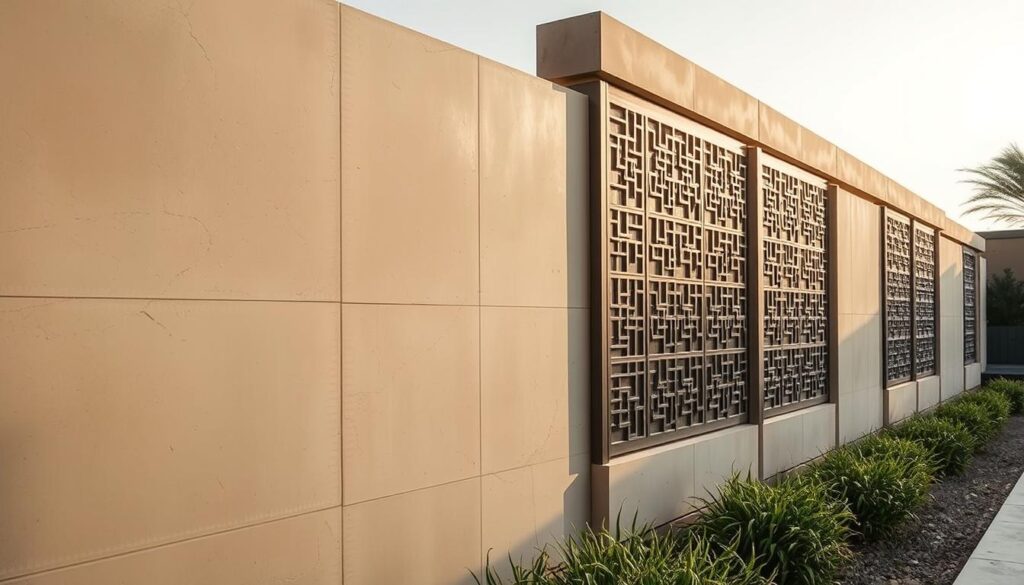 Intricate architectural privacy screens in Dammam, designed with precision and elegance. Majestic privacy walls in warm earthy tones, featuring a harmonious blend of minimalist geometric patterns and organic textures. Smooth concrete surfaces complemented by subtle metallic accents, creating a captivating interplay of light and shadow. Carefully curated angles and perspectives showcase the architectural integrity, blending seamlessly with the surrounding environment. The scene exudes a sense of solidity, security, and refined aesthetics, exemplifying the pinnacle of modern privacy fencing solutions.