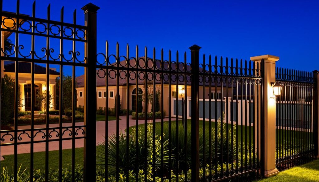 Intricate iron security fences adorn a private villa, crafted with meticulous precision. The sturdy metal frames are interspersed with geometric patterns, casting delicate shadows across the well-manicured grounds. Elegant lighting fixtures illuminate the scene, casting a warm glow and accentuating the thoughtful design. In the foreground, the fencing seamlessly blends functionality and aesthetic appeal, creating a sense of secure privacy and refined elegance. The middle ground features lush vegetation, complementing the industrial materials. Distant structures in the background provide context, showcasing the harmonious integration of the privacy fence system within the broader architectural landscape.