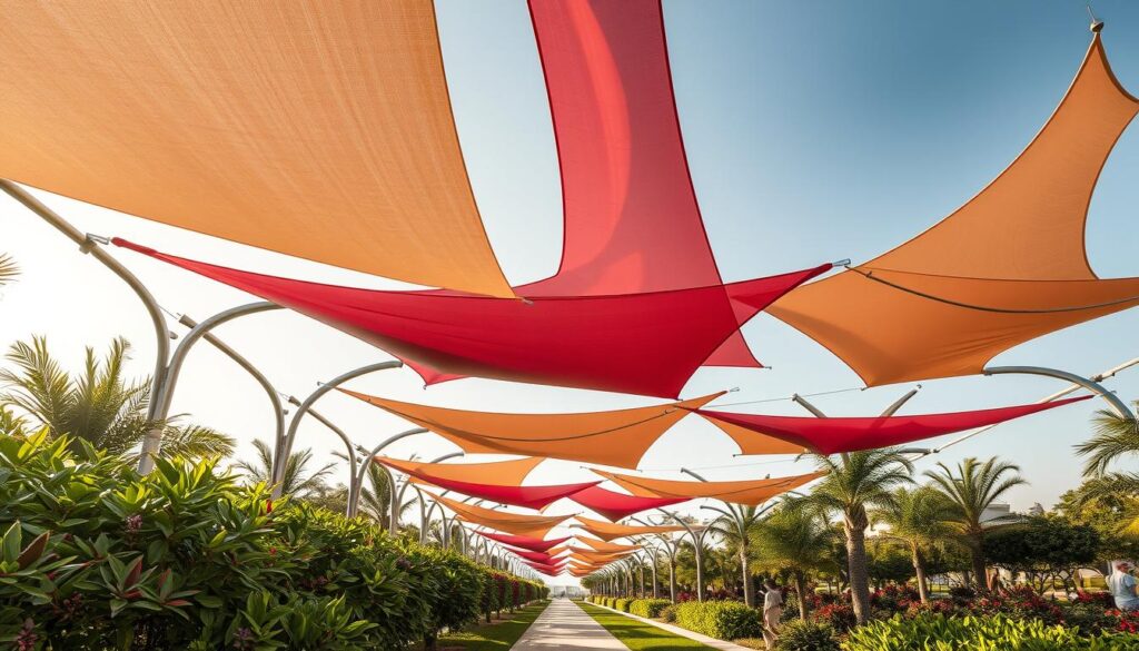 Luxurious canopies adorn the lush gardens of Dammam, casting intricate patterns of light and shadow. Sleek, tensile structures soar overhead, their elegant arches and metal frames bathed in the warm glow of the sun. Vibrant fabrics in rich hues billow gracefully, creating a captivating interplay of texture and movement. The scene exudes a sense of tranquility and sophistication, perfectly complementing the verdant foliage and manicured landscapes. This breathtaking vision of the future Dammam gardens showcases the harmonious blend of functionality and aesthetic appeal that these modern shade solutions will offer.