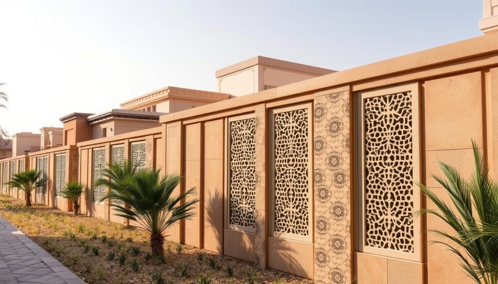 Luxurious privacy screens in Dammam and Jubail: Exquisite architectural designs showcase a harmonious blend of functionality and aesthetic elegance. The image depicts meticulously crafted wall panels in warm, earthy tones, seamlessly integrated into the residential landscapes. Subtly textured surfaces and intricate patterns create a sense of depth, while strategically placed openings allow for controlled natural light and ventilation. The camera angle captures the screens from a slightly elevated perspective, emphasizing their graceful silhouettes and the seamless integration with the surrounding environment. An overall atmosphere of tranquility and privacy pervades the scene, perfectly reflecting the section's theme of "Implemented Shading Projects in Dammam".