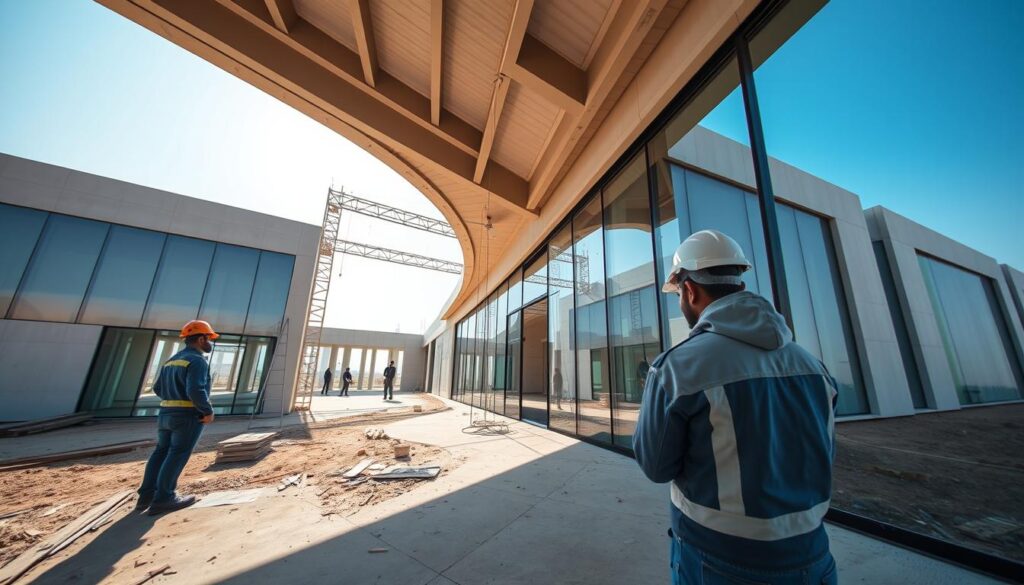 Meticulously crafted architectural oversight, a symphony of precision and expertise. Skilled engineers oversee the intricate installation of insulated sandwich panels, ensuring the seamless integration of modern glass rooms and annexes. Crisp lines, sleek silhouettes, and a harmonious blend of natural light and structural integrity define this scene of modern construction in Saudi Arabia. Captured through a wide-angle lens, the image conveys a sense of order, diligence, and the meticulous attention to detail that embodies the essence of "إشراف هندسي".