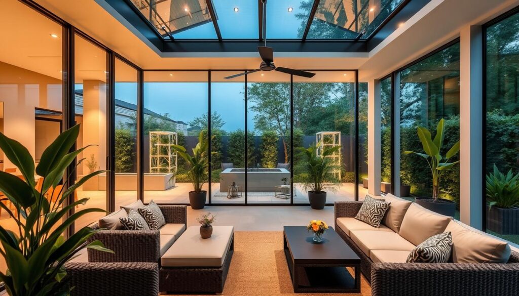 Outdoor living oasis: A luxurious glass-enclosed patio with a sleek, minimalist design. Frameless glass walls seamlessly integrate the interior and exterior, creating a bright, airy atmosphere. Meticulously crafted, insulated sandwich panels line the walls, ensuring energy efficiency and year-round comfort. Warm, ambient lighting casts a soft glow, complementing the modern, tailored furnishings. Verdant potted plants and lush greenery add pops of nature, blurring the boundaries between indoor and outdoor. This harmonious space is a testament to the art of crafting the perfect outdoor retreat, where elegance and functionality converge in perfect harmony.